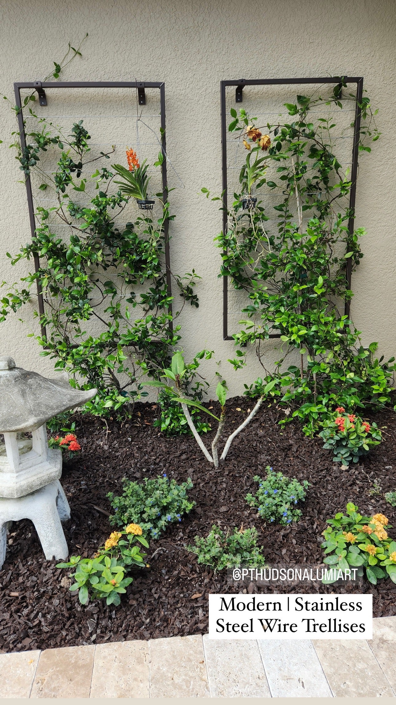 Modern, Metal Garden Trellis, Vertical, 60”-72” high, Minimalist, Stainless Steel Wire, Aluminum Frame Garden Trellis, Non-Rusting, Multiple Colors Available, Wall Mounted or Staked options, Handcrafted in USA, Non Rusting, Powder Coated Finishes