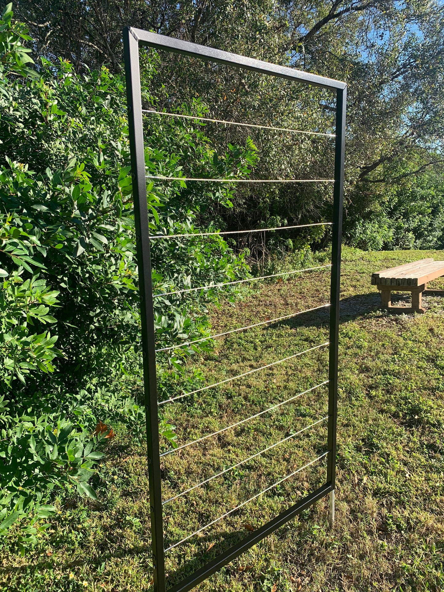 Modern, Metal Garden Trellis, Vertical, 60”-72” high, Minimalist, Stainless Steel Wire, Aluminum Frame Garden Trellis, Non-Rusting, Multiple Colors Available, Wall Mounted or Staked options, Handcrafted in USA, Non Rusting, Powder Coated Finishes