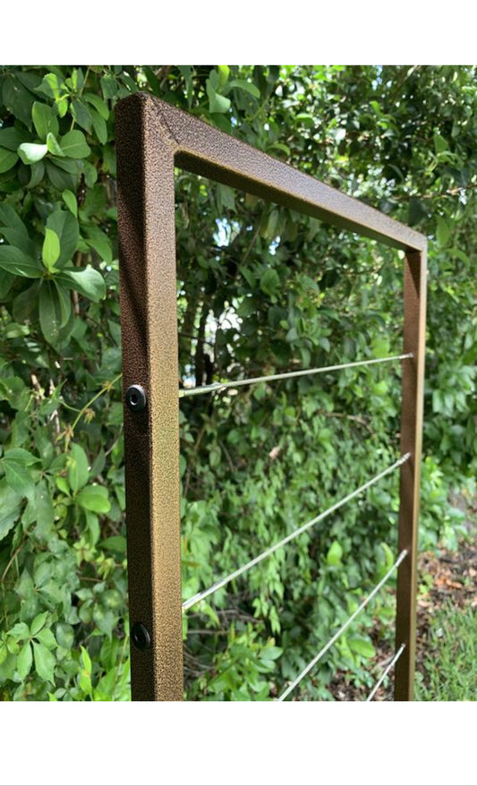 Modern, Metal Garden Trellis, Vertical, 60”-72” high, Minimalist, Stainless Steel Wire, Aluminum Frame Garden Trellis, Non-Rusting, Multiple Colors Available, Wall Mounted or Staked options, Handcrafted in USA, Non Rusting, Powder Coated Finishes