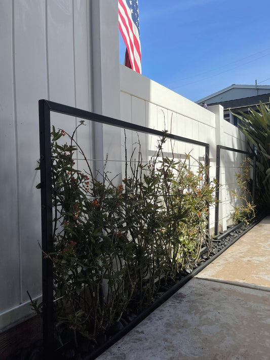 Modern, Metal Garden Trellis, Horizontal, 60”-72” high, Minimalist, Stainless Steel Wire, Aluminum Frame Garden Trellis, Non-Rusting, Multiple Colors Available, Wall Mounted or Staked options, Handcrafted in USA, Non Rusting, Powder Coated Finishes